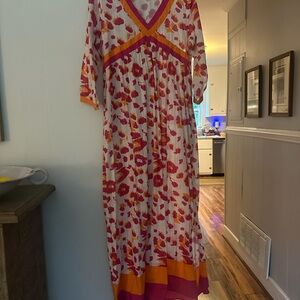 La Plage Pink and Orange V-Neck Maxi Sundress with 3/4 Sleeves